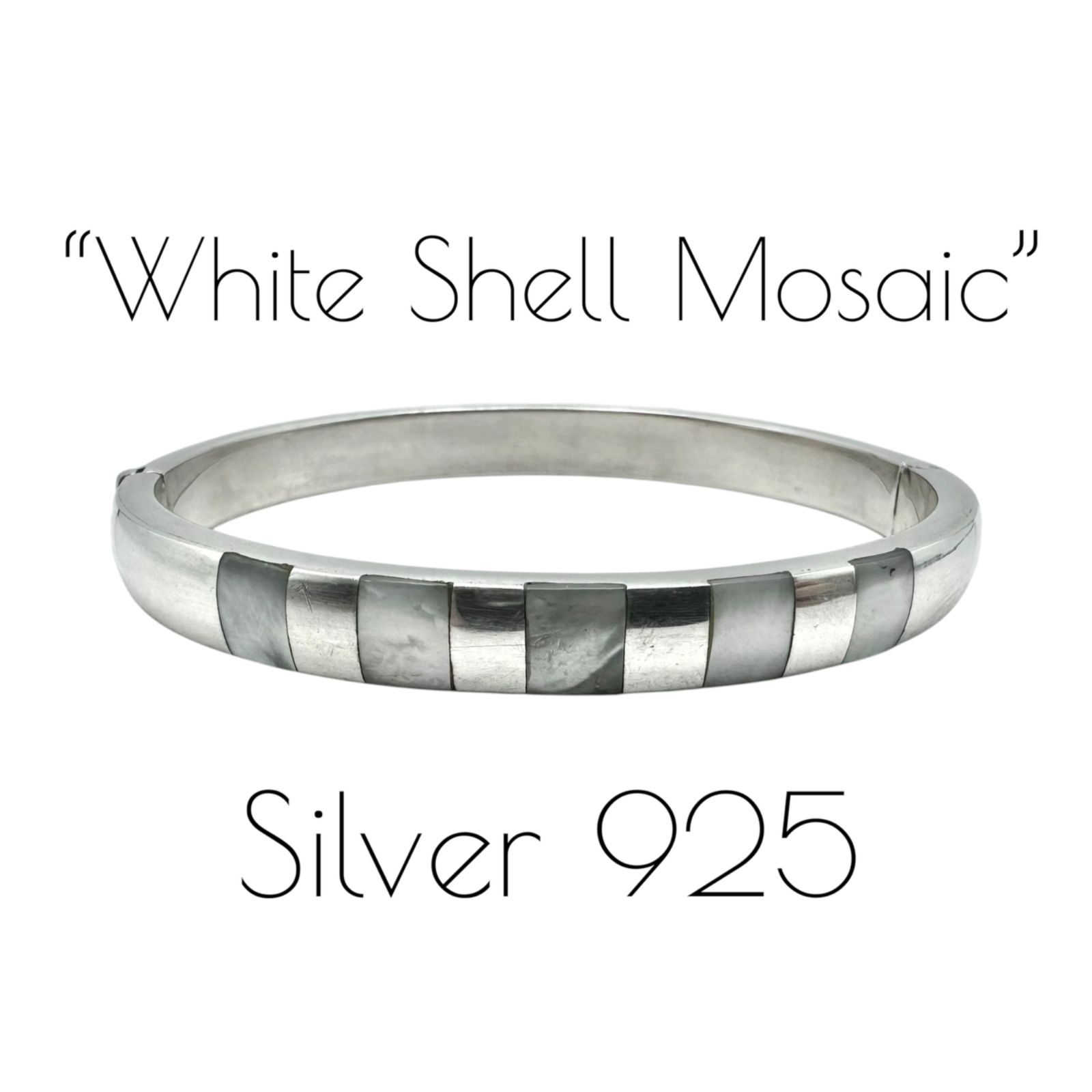 【白と銀】 マザーオブパール シェル インレイ Silver 925 刻印 Design Bangle Bracelet シルバー バングル ブレスレット クラシック オーストラリア製 AU Vintage 美品