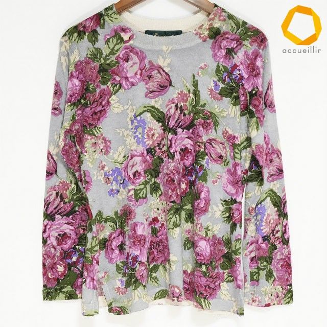 #anc バラ色の暮し バラクラ ニット・セーター M 水色 ピンク 緑 白 花柄 シルク カシミヤ レディース [996671]