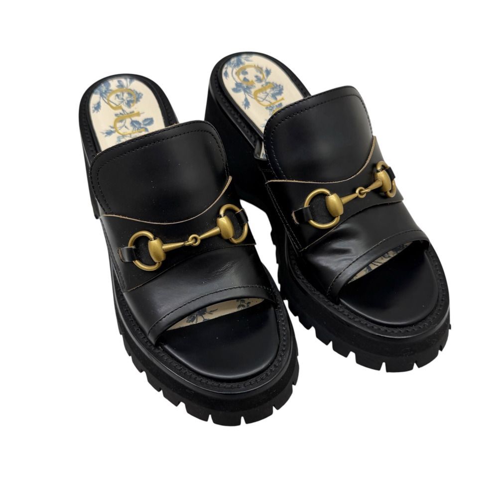 GUCCI グッチ ホースビット サンダル ブラック＃37 約24cm 645396 レザー 厚底 黒 ゴールド金具 花柄 レディース 人気 美品 　 【ブランドギャラリー東心斎橋店】