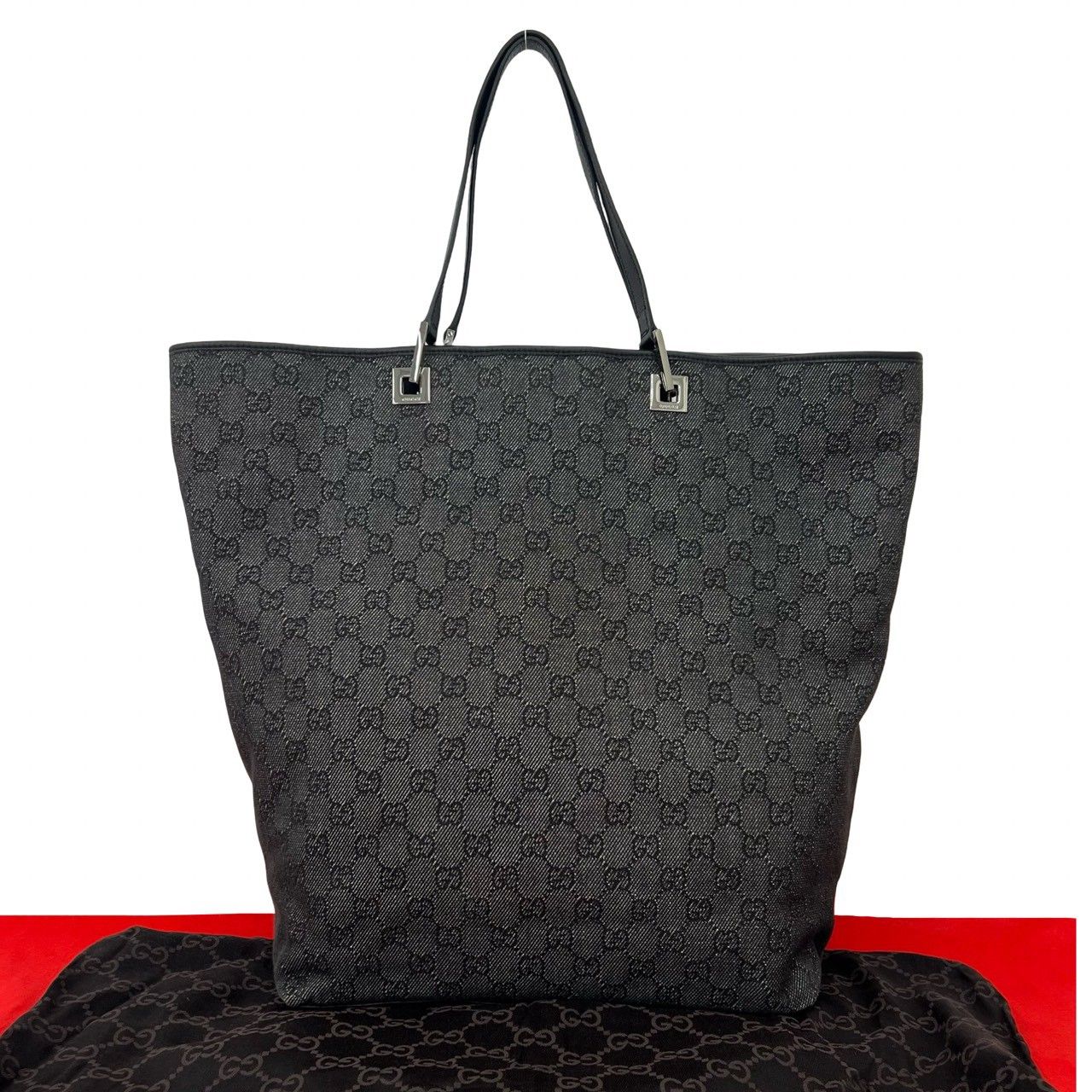 極 美品 希少品 保存袋付き GUCCI グッチ GG ロゴ 柄 キャンバス レザー 本革 トートバッグ セミ ショートバッグ ブラック 91135
