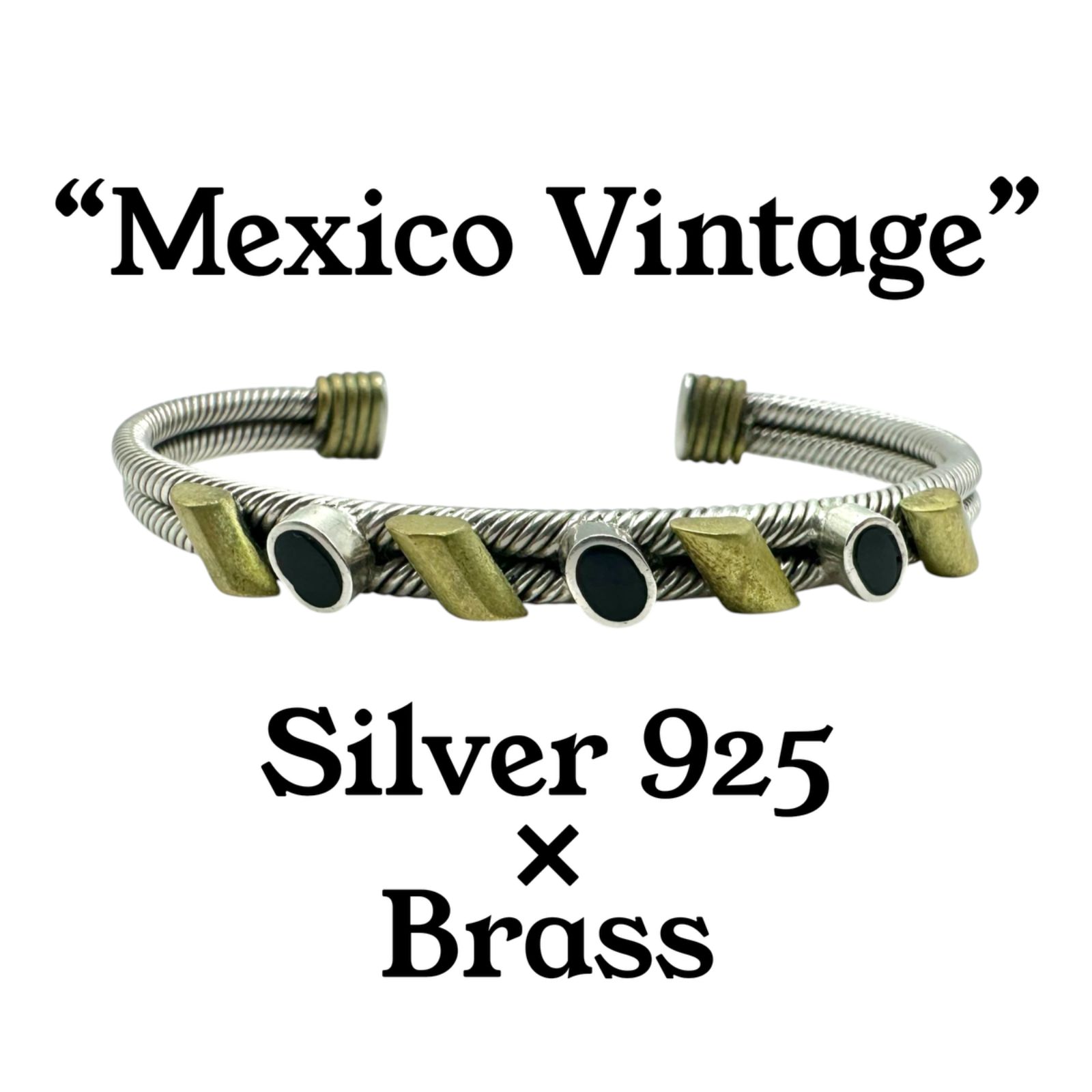 【至高MEXICO製】 Silver 925 Brass 刻印 80s Vintage Bangle Bracelet シルバー バングル ブレスレット ブラックオニキス インレイ 重厚 29.4g 一点もの 超希少