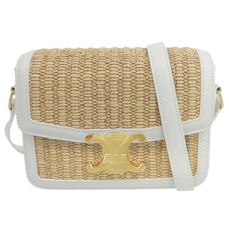 セリーヌ CELINE ティーン トリオンフ ショルダーバッグ ラフィア/レザー ナチュラル/ホワイト 中古 新入荷 OB2940