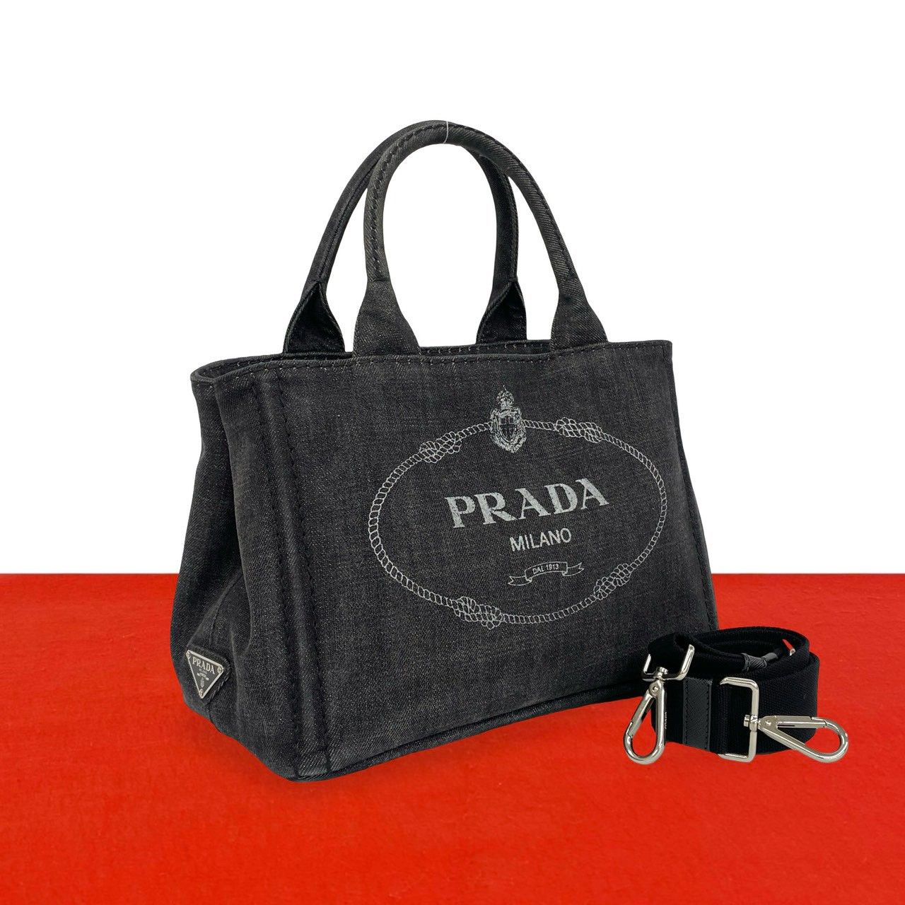 極 美品 PRADA プラダ カナパ 三角 ロゴ金具 コットンデニム 2way ショルダーバッグ ハンドバッグ ミニ トートバッグ ブラック 36385
