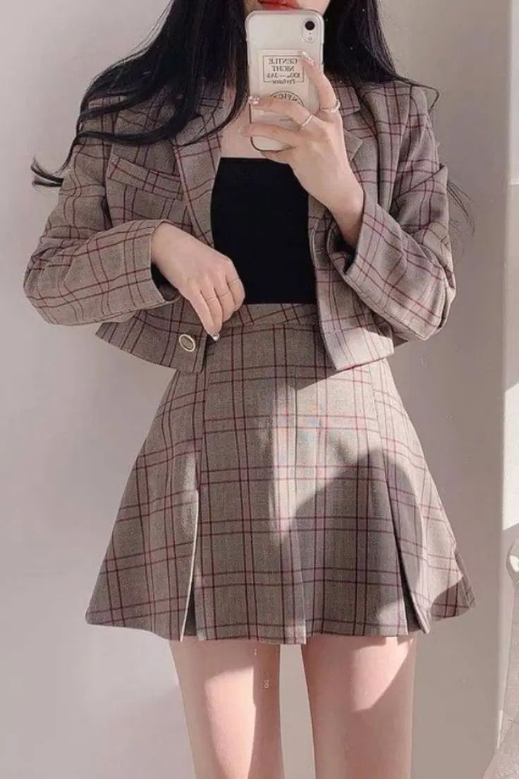 ブラウン CHECK ジャケット + スカート セットアップ SET