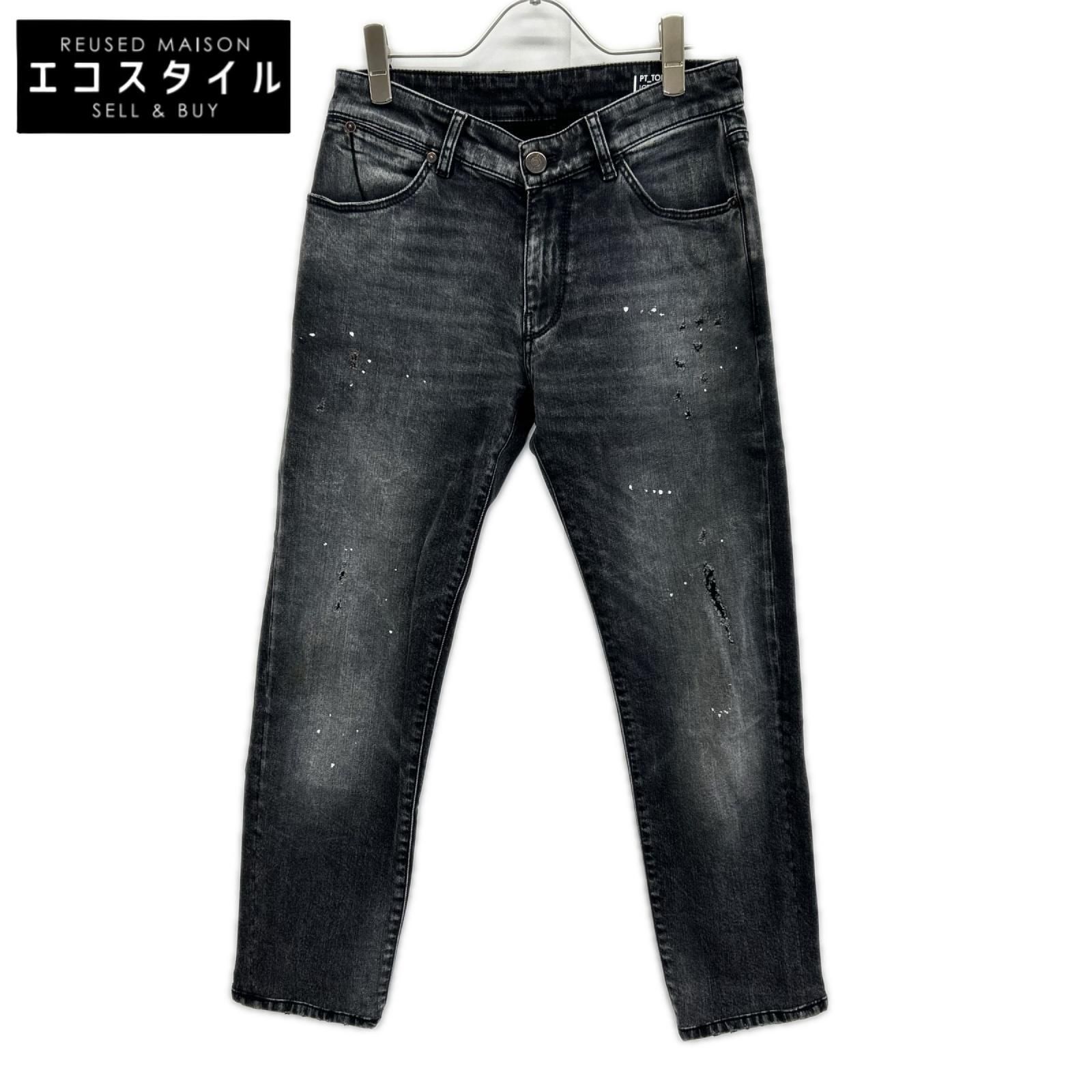 PT TORINO　ピーティートリノ　N231-P285 ブラック コットン ダメージ加工 ストレッチデニムパンツ　28