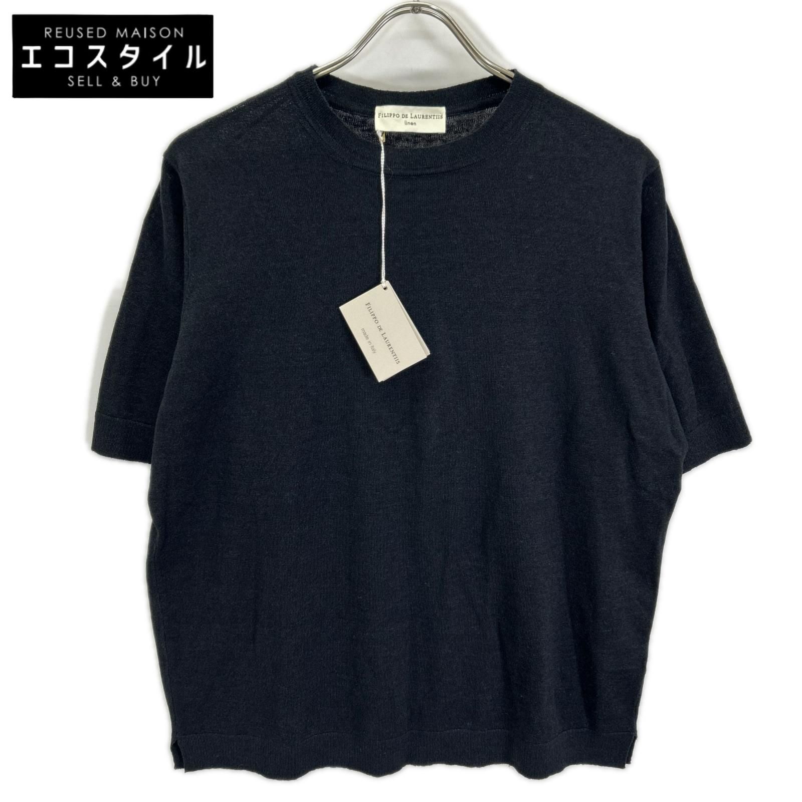 FILIPPO DE LAURENTIIS　フィリッポ・デ・ローレンティス　TS0MC LC14R ブラック リネン×コットン クルーネック ハイゲージ ショートスリーブニットソー　48