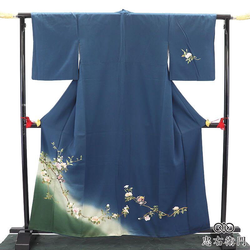 訪問着 フォーマル レディース 袷 正絹 紺 刺繍 草花 華やか 身丈164.5cm 裄丈66cm 結婚式 式典 パーティ 観劇 Mサイズ相当送料無料 即日発送