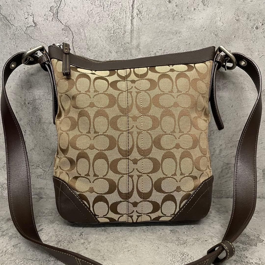 美品　Coach Signature Leather Shoulder Bag BR　コーチ　ショルダーバッグ　シグネチャー　キャンバス　レザー　茶　ブラウン 6,630円