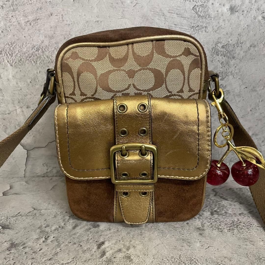 美品　COACH Y2K Soho Brown Gold Shoulder Bag　コーチ ショルダーバッグ ソーホー シグネチャー スエード レザー 茶 ゴールド