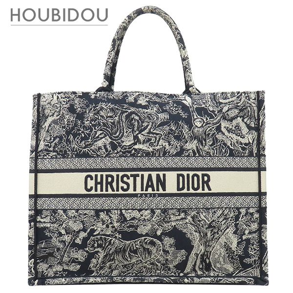 クリスチャン・ディオール Christian Dior トートバッグ ブックトート ラージ コットン ネイビー トワル ドゥ ジュイ リバース エンブロイダリー 【中古】
