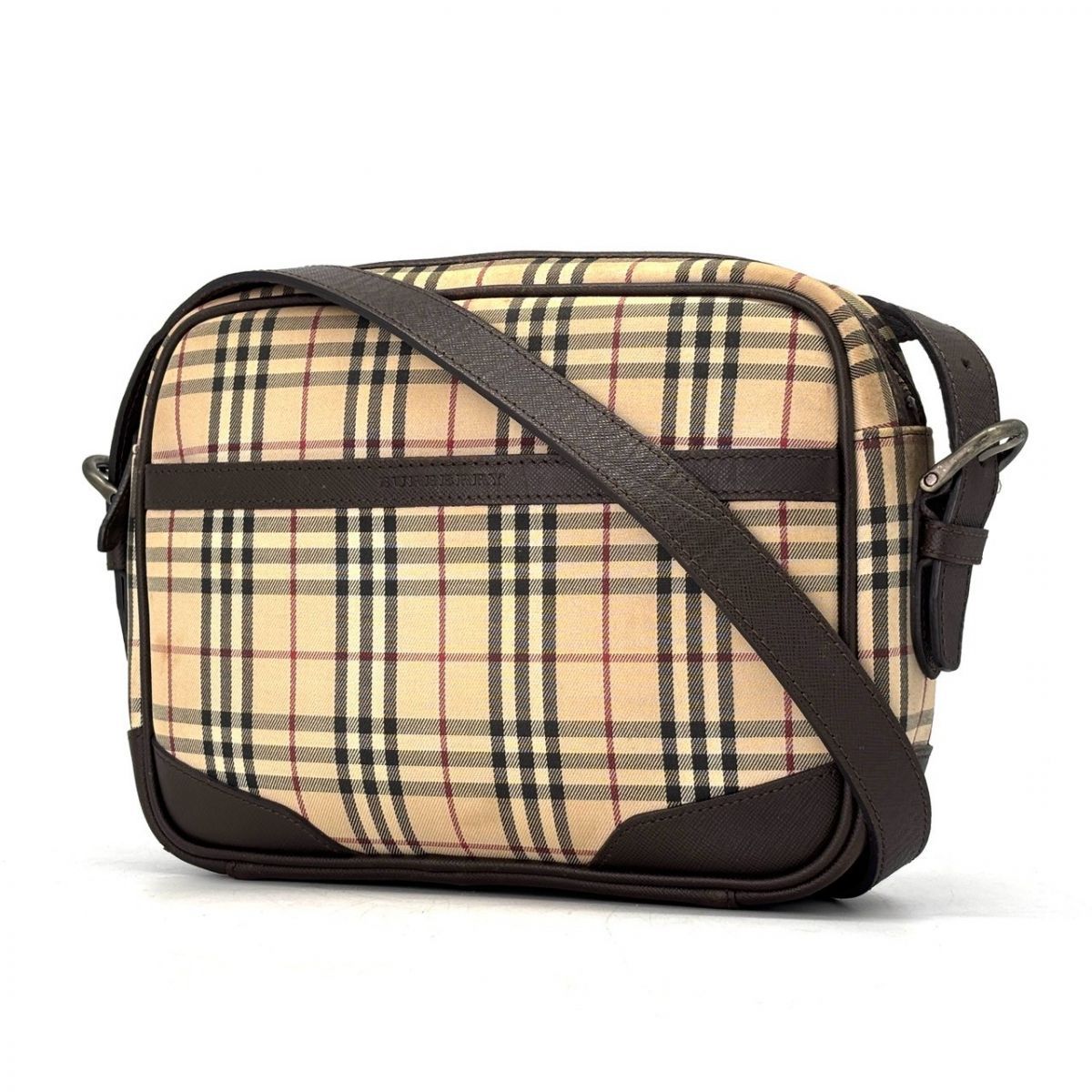 【英国の格子に揺れる上品】　BURBERRY　ショルダーバッグノバチェック カメラバッグ レザートリム ヴィンテージ　ベージュ