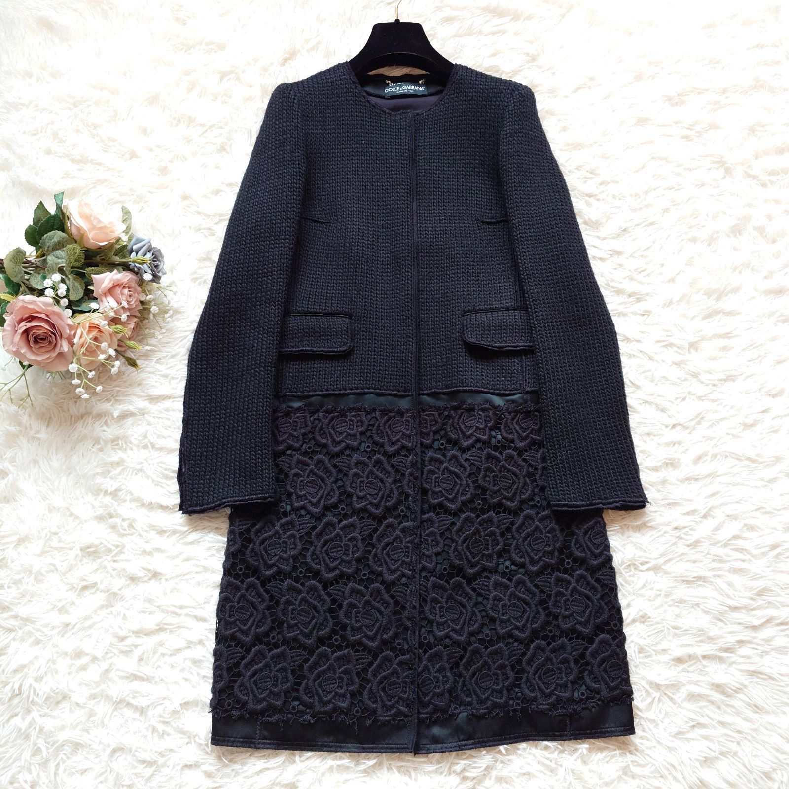 DOLCE&GABBANA 幾何学レース＆ニットドッキングコート ノーカラー 36 ブラック ローズ モチーフ ドルチェ＆ガッバーナ 32,370円