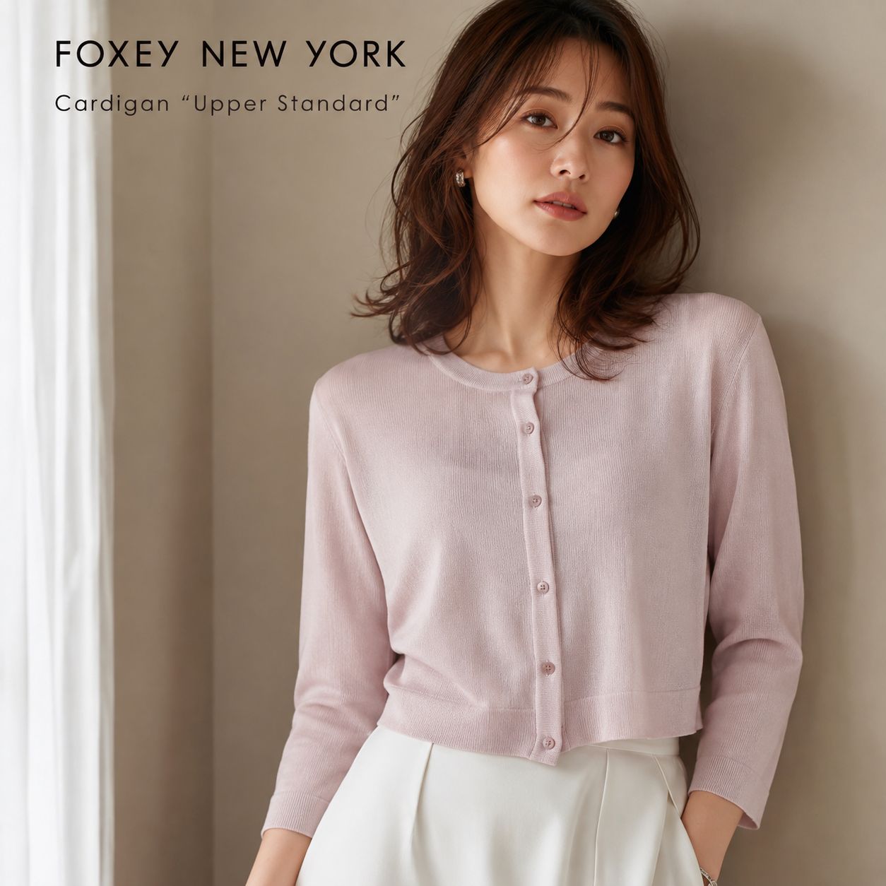FOXEY NEW YORK 美品 大名作「アッパースタンダード カーディガン」スモーキーピンク 40 フォクシーニューヨーク