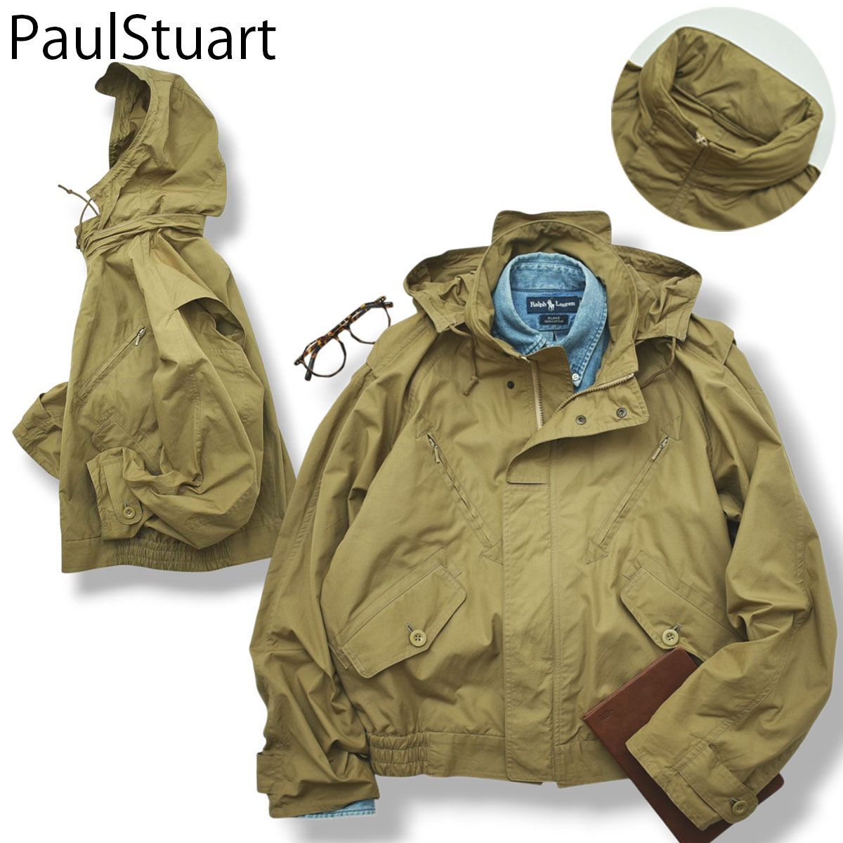 90sヴィンテージ ポールスチュアート PaulStuart ジップアップ 襟裏収納 フード付き コットン スウィングトップ 軽量 アウター 通年 M ベージュ トラッド カジュアル メンズ