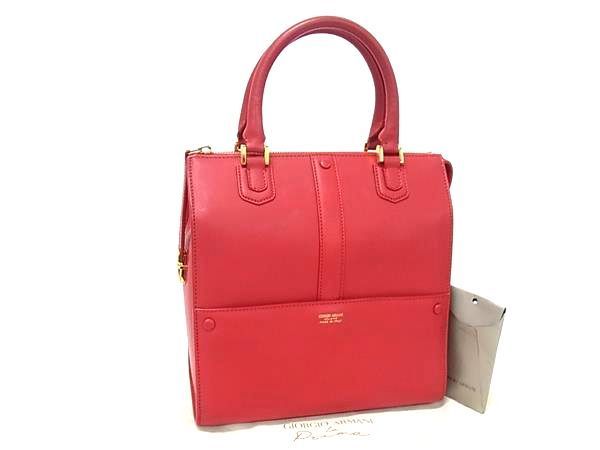 ■美品■ GIORGIO ARMANI ジョルジオアルマーニ レザー ハンドバッグ トートバッグ レディース レッド系 FX6431