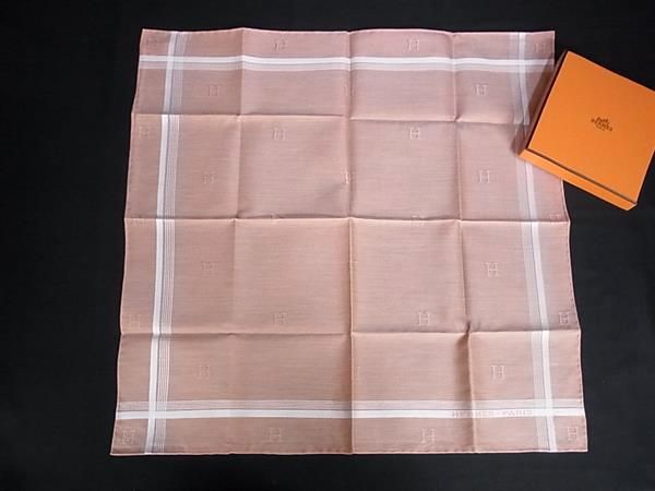 ■新品■未使用■ HERMES エルメス Hレリーフ コットン100％ ハンカチーフ ハンカチ ポケットチーフ オレンジ系×アイボリー系 HE1759