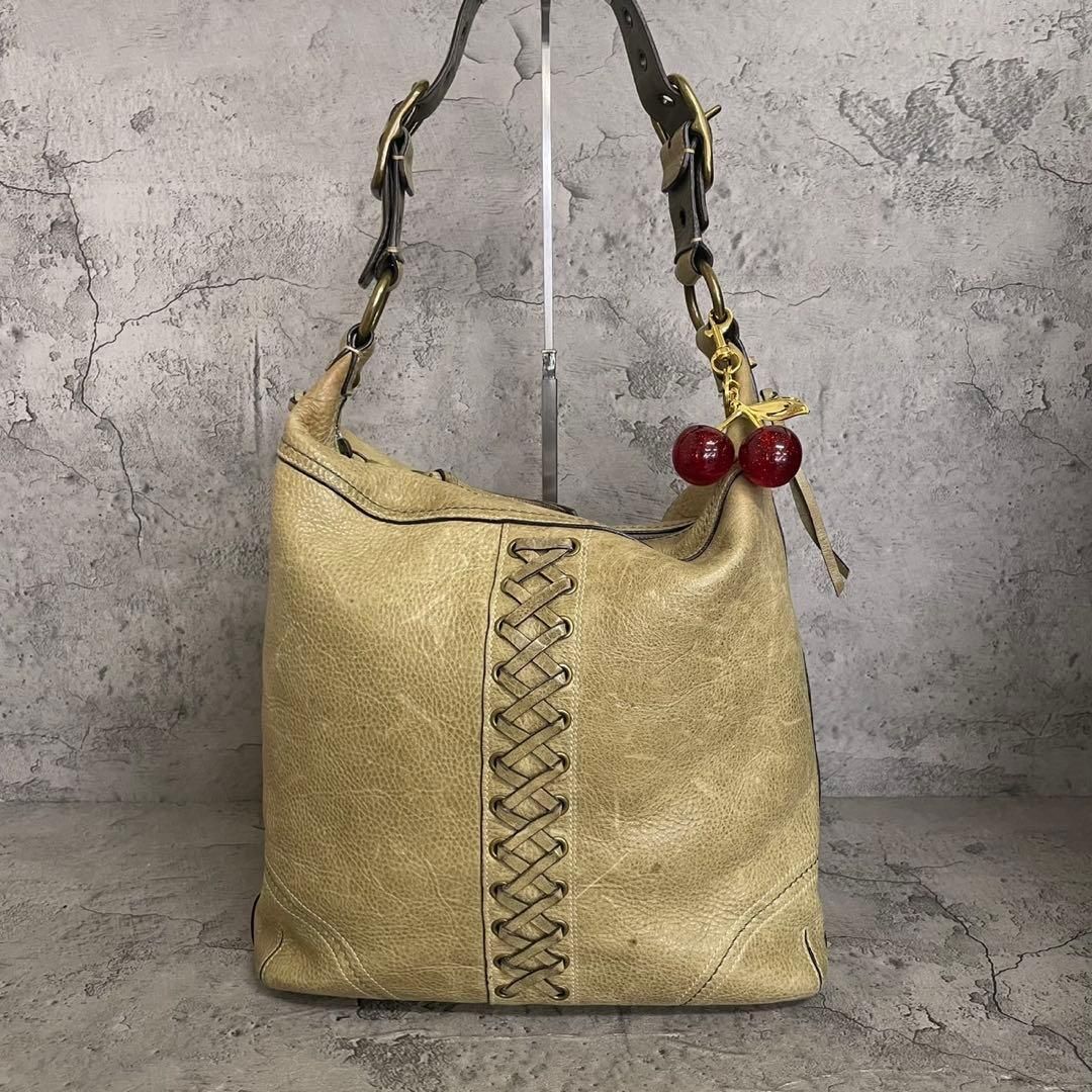 COACH Y2K Hobo Intrecciato Shoulder Bag　コーチ ワンショルダーバッグ ホーボー 編み込み イントレ レザー 黄緑 ベージュ 7,200円
