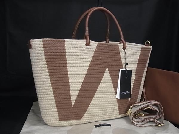 ■極美品■ Weekend Max Mara マックスマーラ Wロゴ ウーブン ポリエステル 2WAY ハンドバッグ ショルダー ベージュ系 HC3001