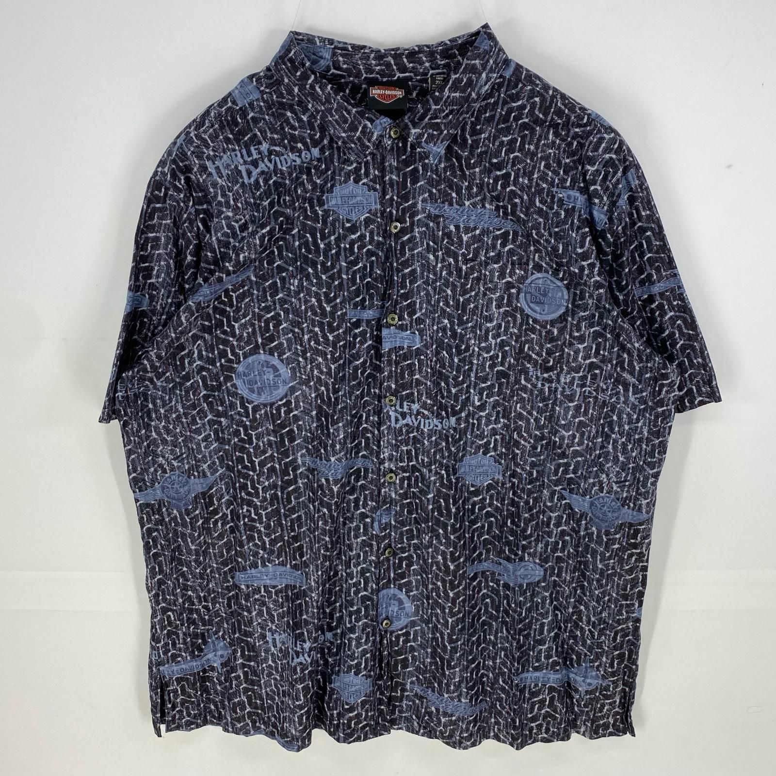 古着 ハーレーダビッドソン HARLEY DAVIDSON USA製 半袖シャツ 胸ポケット モーターサイクル ハワイ 2XL ブラック系 総柄 メンズ 7,623円