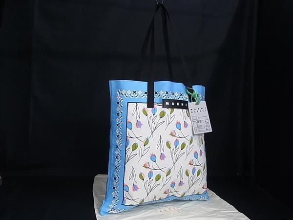 ■新品■未使用■ MARNI マルニマーケット バンダナトート キャンバス×レザー トートバッグ ショルダー ライトブルー系 HC2983