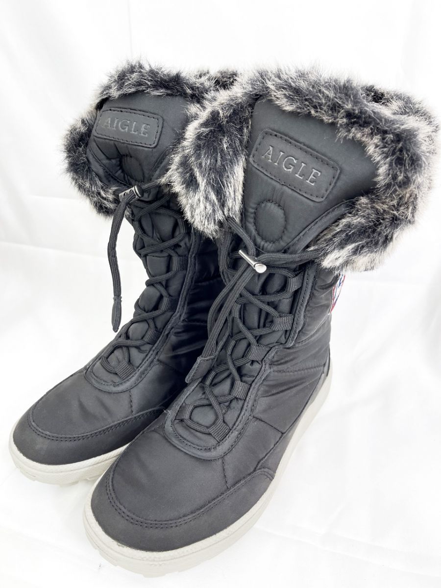 美品 AIGLE エーグル ファー スノー ブーツ size23.5/ブラック系 ◆■◎レディース