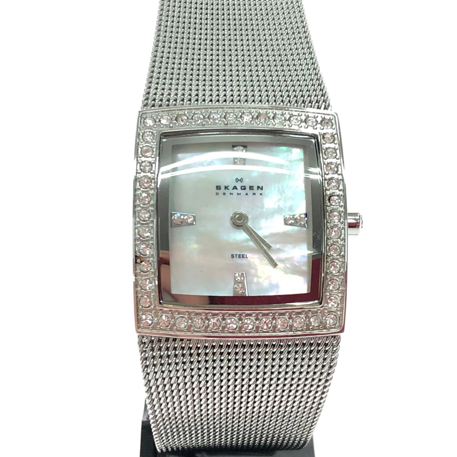 SKAGEN レディース腕時計 クオーツ スクエアフェイス ラインストーン シェル文字盤 608SSS