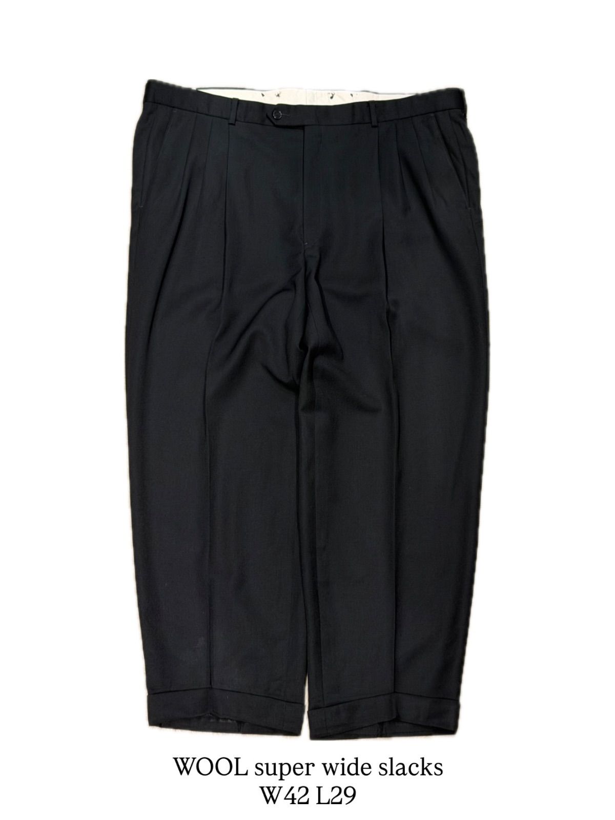 【 WOOL super wide slacks / USA 】 MONSIEUR　アメリカ製　3タック　薄手 ウール スラックス　極太　ワイド　ブラック　黒　《 W42 L29 》