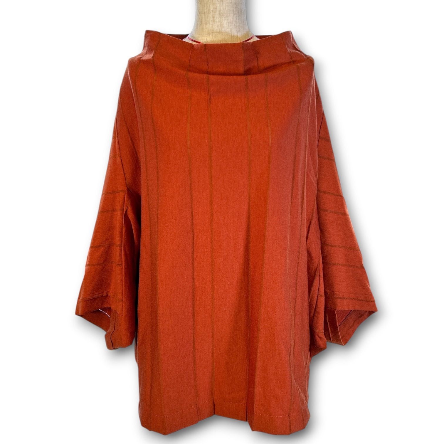 ISSEY MIYAKE イッセイミヤケ ウール混プルオーバー ストライプ プリーツ 七分袖 オレンジ サイズ2 レディース 秋 冬 ゴーゴー古着セントラルパーク名古屋店 2 No.久3152