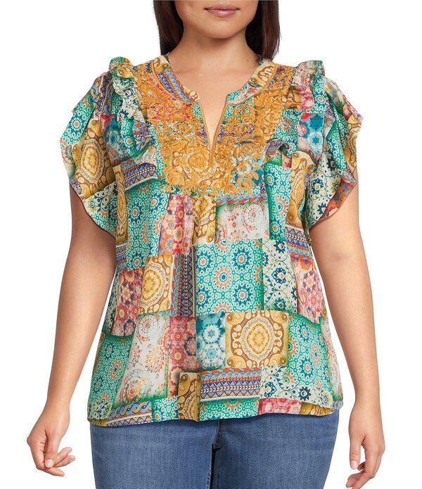 カレッサ レディース トップス シャツ プラスサイズ プリント フリル 刺繍 Calessa Plusizembroidered Modern Mosaic Print Ruffle Sleeve T