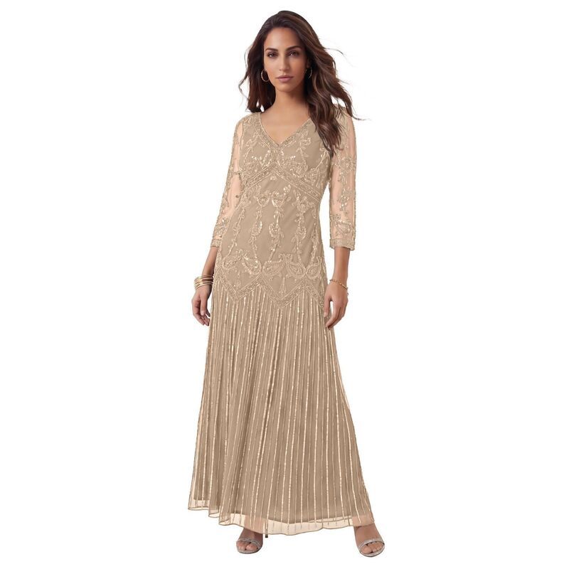 ロアマンズ レディース トップス ワンピース Vネック プラスサイズ マキシ Roamans Womens Plusize Beaded VNeck 34 Sleeve Maxi Gown Spark