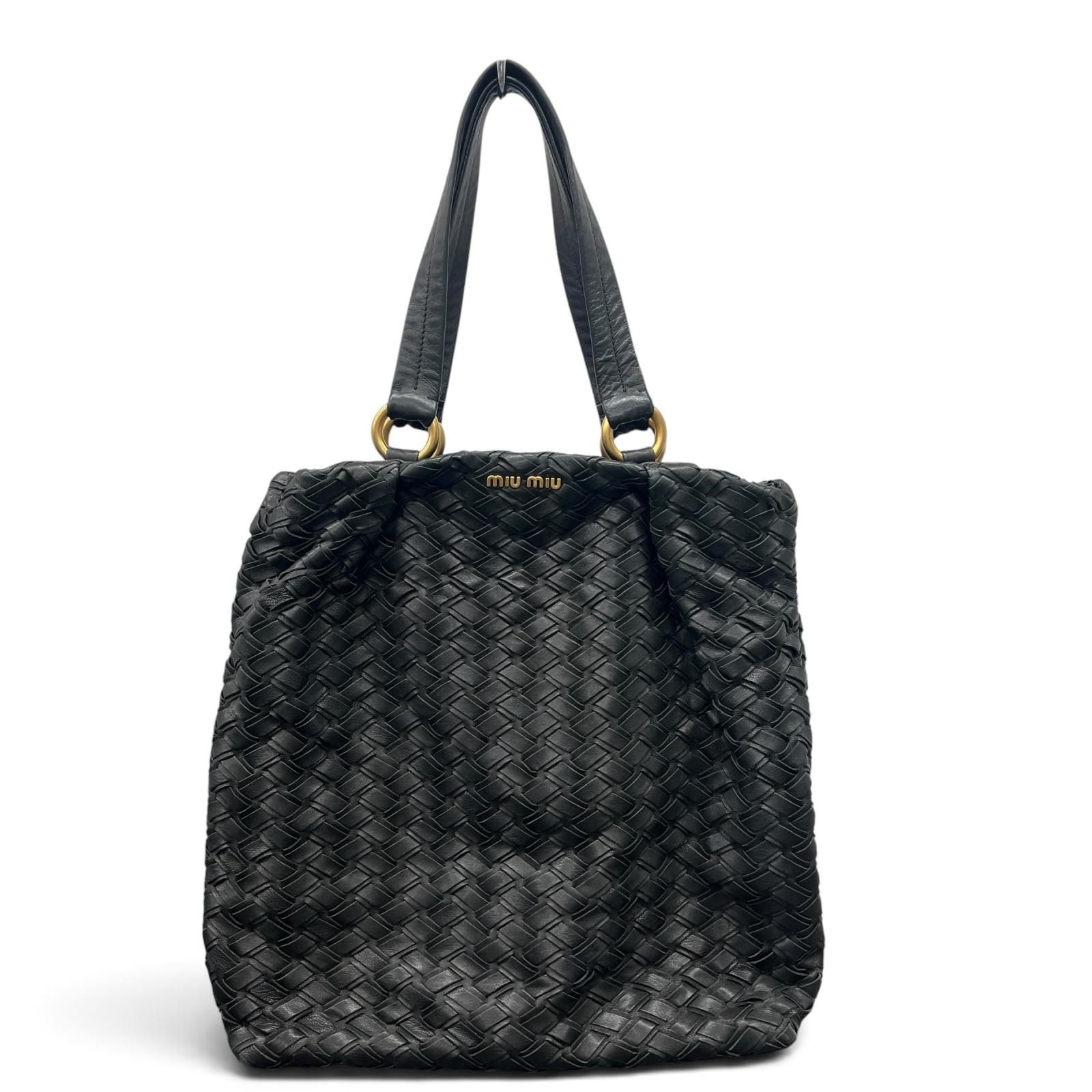 miumiu 希少 美品 ミュウミュウ イントレッチオ ロゴ トートバッグ レザー ブラック 肩掛け ハンドバッグ 編み込み ABランク 中古 鑑定済 ミュウミュウバッグ