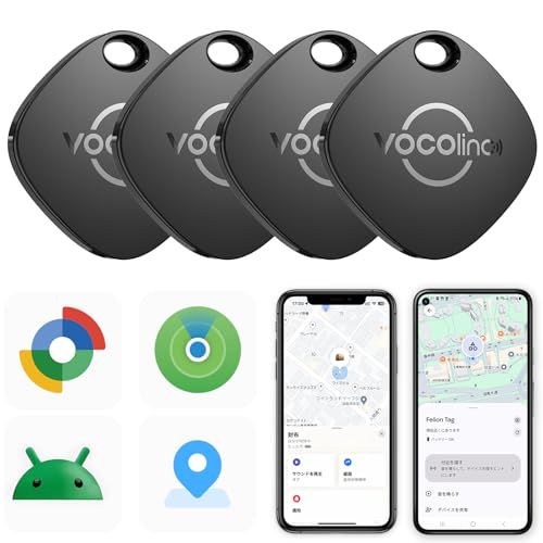 VOCOlinc エアタグ （ios/Android) 用 - 4 個 紛失防止タグ 忘れ物防止 タグ | 超薄(0.75 cｍ) IP67防水 電池交換可能 スマートタグ Bluetooth トラッカー 探し物（鍵、荷物用） 軽量 黒ym f300ec90