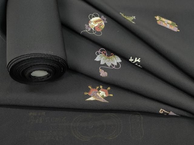 平和屋着物●付下げ 反物 総刺繍 宝尽くし 紫黒色 金糸 丹後ちりめん 着尺 逸品 未使用 CABJ1407ju
