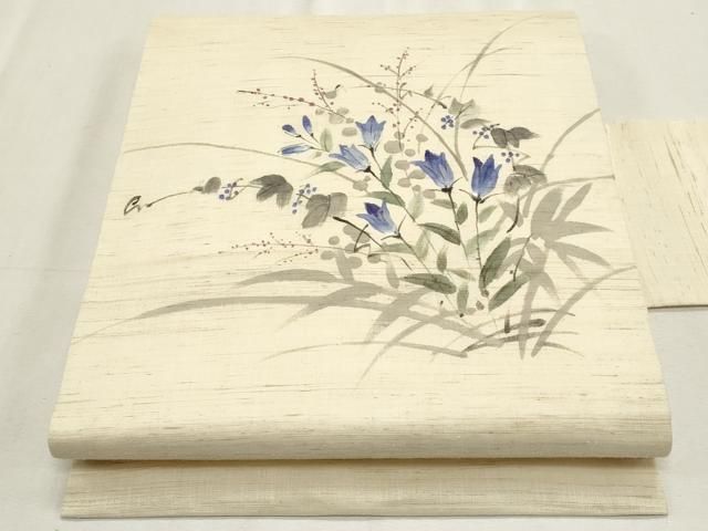 平和屋着物＊夏物　九寸名古屋帯　手描き　枝花文　麻　逸品　CABL2381fb