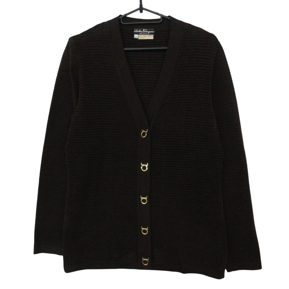 Salvatore Ferragamo サルヴァトーレフェラガモ カーディガン 長袖 ベロア ベルベット ニット ジャケット ガンチーニ ゴールド金具 トップス ブラウン S【S】 レディース 【中古】