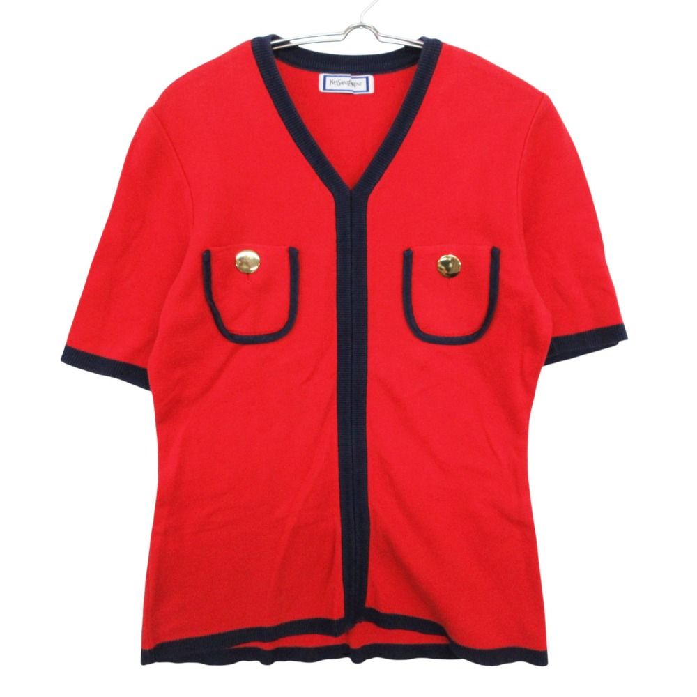 YVES SAINT LAURENT イヴ・サンローラン カットソー 半袖 Tシャツ ニット Vネック 金ボタン トリミング リブ センターシーム プルオーバー トップス レッド M【M】 レディース 【中古】