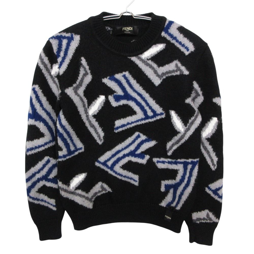 美品 FENDI フェンディ ニット セーター 長袖 FFフラグメント プルオーバー トップス クルーネック ブラック 44【S】 メンズ レディース 【中古】