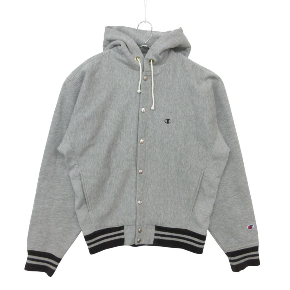 Champion チャンピオン パーカー リバースウィーブ USA製 スナップボタン リブライン 長袖 ブランドロゴ 刺繍 切替 グレー M【XL】 メンズ 【中古】