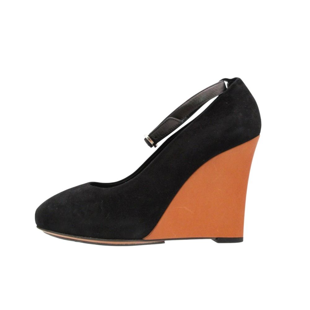 CELINE セリーヌ パンプス フィービー期 by Phoebe Philo ウェッジソール アーモンドトゥ スエード アンクルストラップ ベルト イタリア製 靴 ブラック レディース 【中古】 10,360円