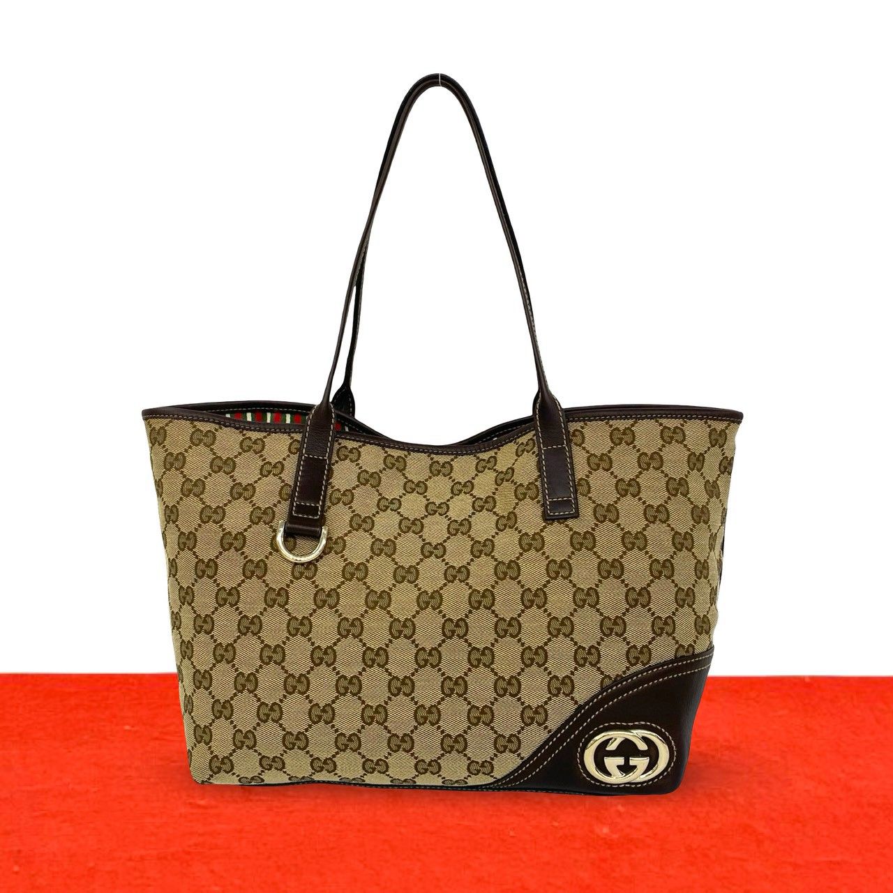 極 美品 希少品 GUCCI グッチ GG ロゴ 柄 金具 キャンバス レザー 本革 トートバッグ セミ ショルダーバッグ ブラウン 茶 32530