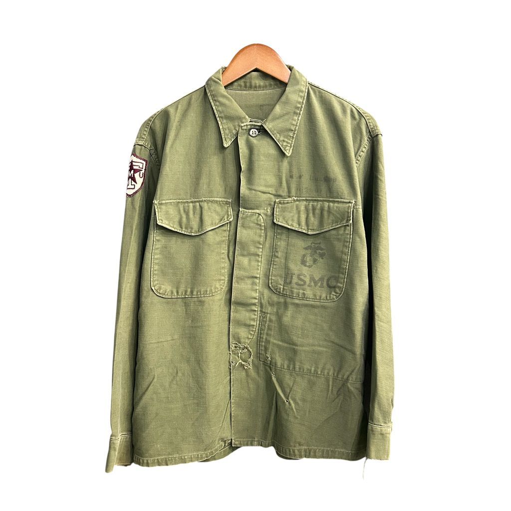 vintage 50's USMC P-58 utility shirts ステンシル入り ミリタリーシャツ 比翼仕立て コットンサテン NO.T1034