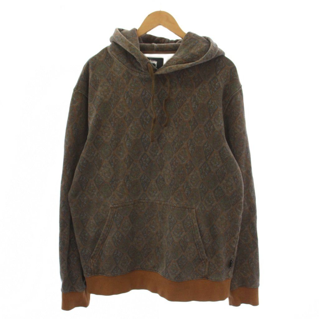 ステューシー STUSSY パーカー スウェット トレーナー プルオーバー 長袖 総柄 裏起毛 L 茶 /BM