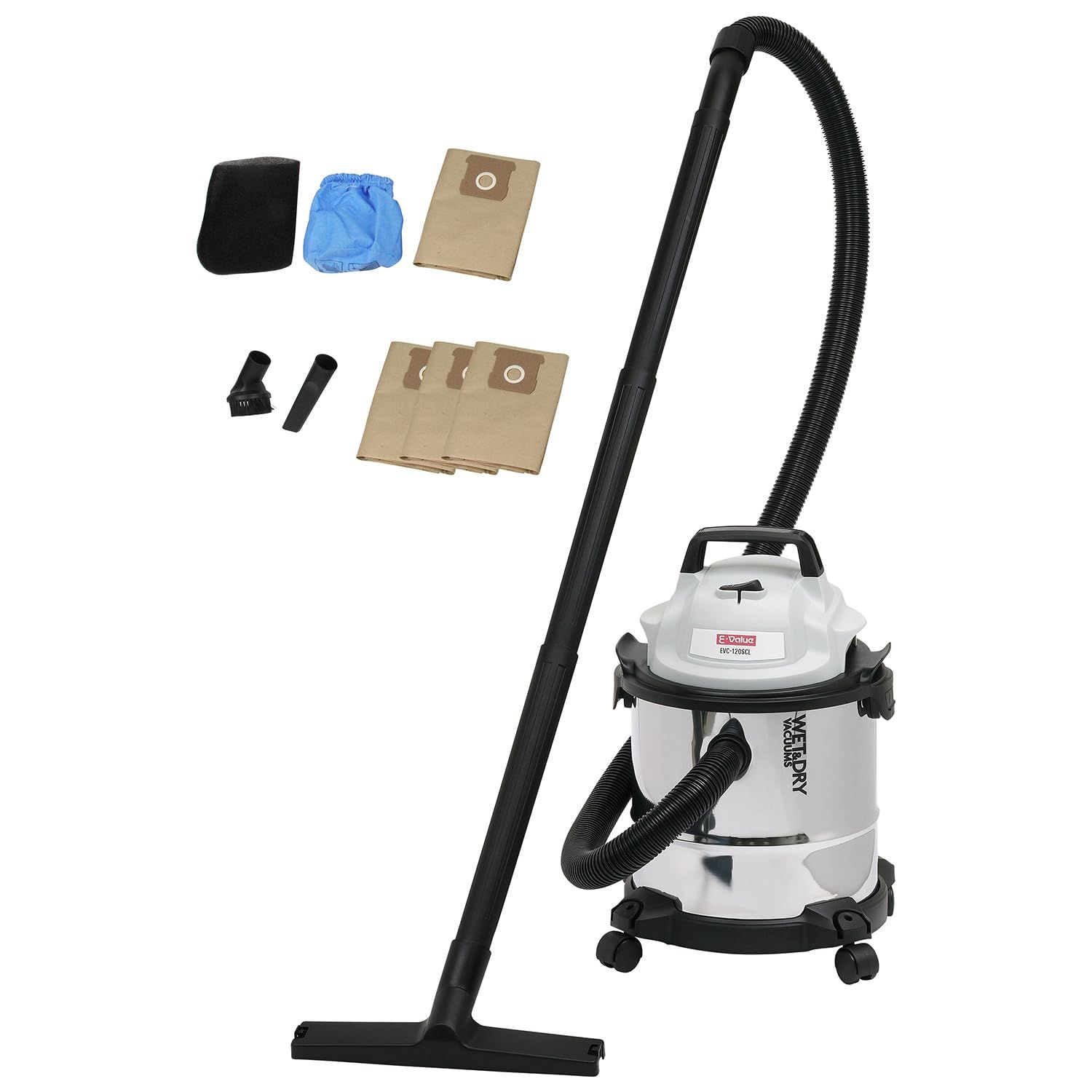 イーバリュー(E-Value) 乾湿両用掃除機 12L EVC-120SCL+集塵袋3枚増量セット ステンレスタンク コード式 紙パック 濡れたゴミも吸引可能 集塵容量 8L 吸水容量 6L 吸込仕事率100Wmt 900713d3