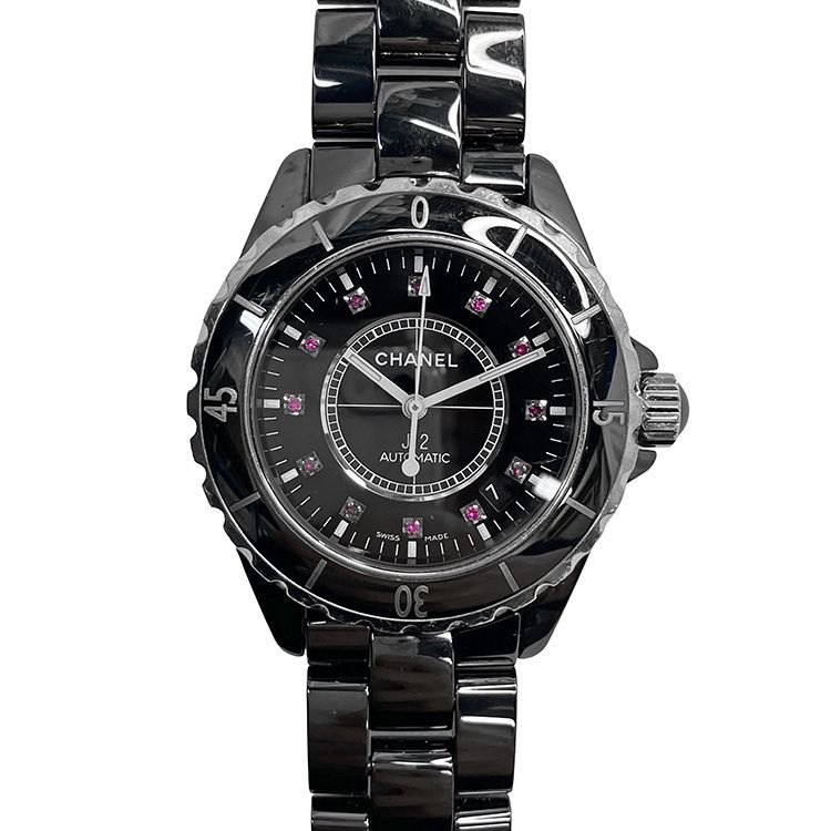 CHANEL シャネル J12 38mm セラミック 12PR H1757 回転ベゼル ステンレススチール ブラック インデックスルビー 3針時計 自動巻き オートマティック ボーイズ