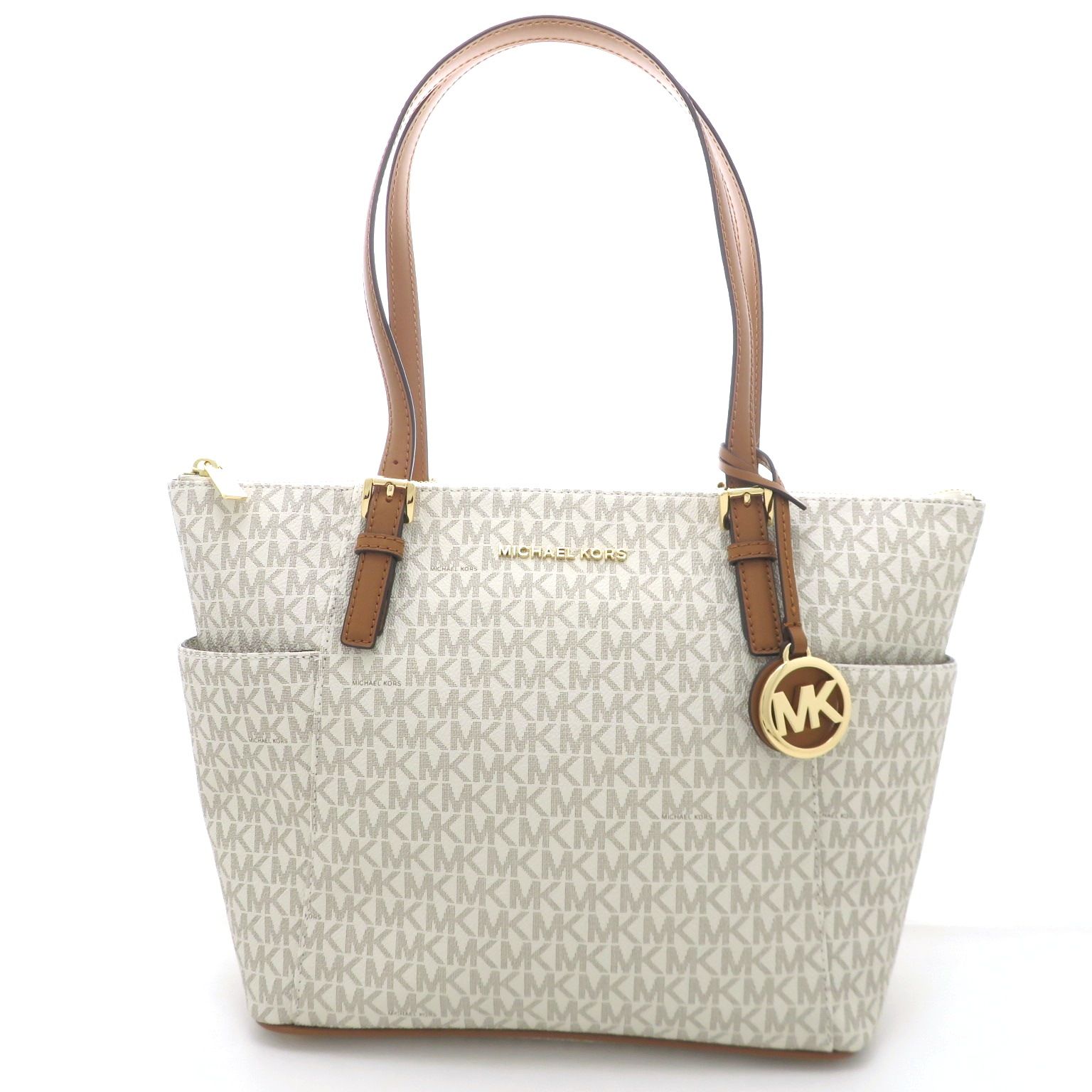 Michael Kors マイケルコース MKシグネチャー トートバッグ 30S0GTTT1B PVCコーティングキャンバス レザー ホワイト ブラウン【中古】【473】