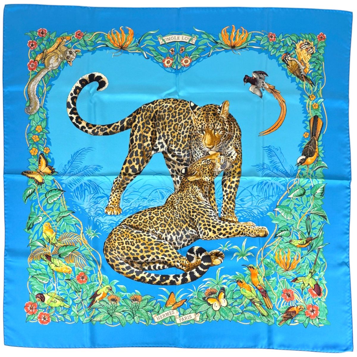 エルメス HERMES カレ90 Jungle Love スカーフ ジャングル ラブ ヒョウ柄 シルク ブルー マルチカラー レディース 【中古】 50,880円