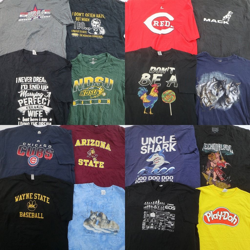 古着卸 まとめ売り プリント Tシャツ 16枚セット ( メンズ 2XL ) アニマル オオカミ シャーク プロチーム MLB カブス 中古 古着 NG3675