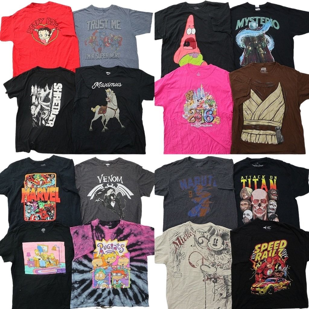 古着卸 まとめ売り キャラクター Tシャツ 16枚セット ( メンズ XL ) マーベル ニコロデオン シンプソンズ ミッキーマウス 中古 古着 NG3718