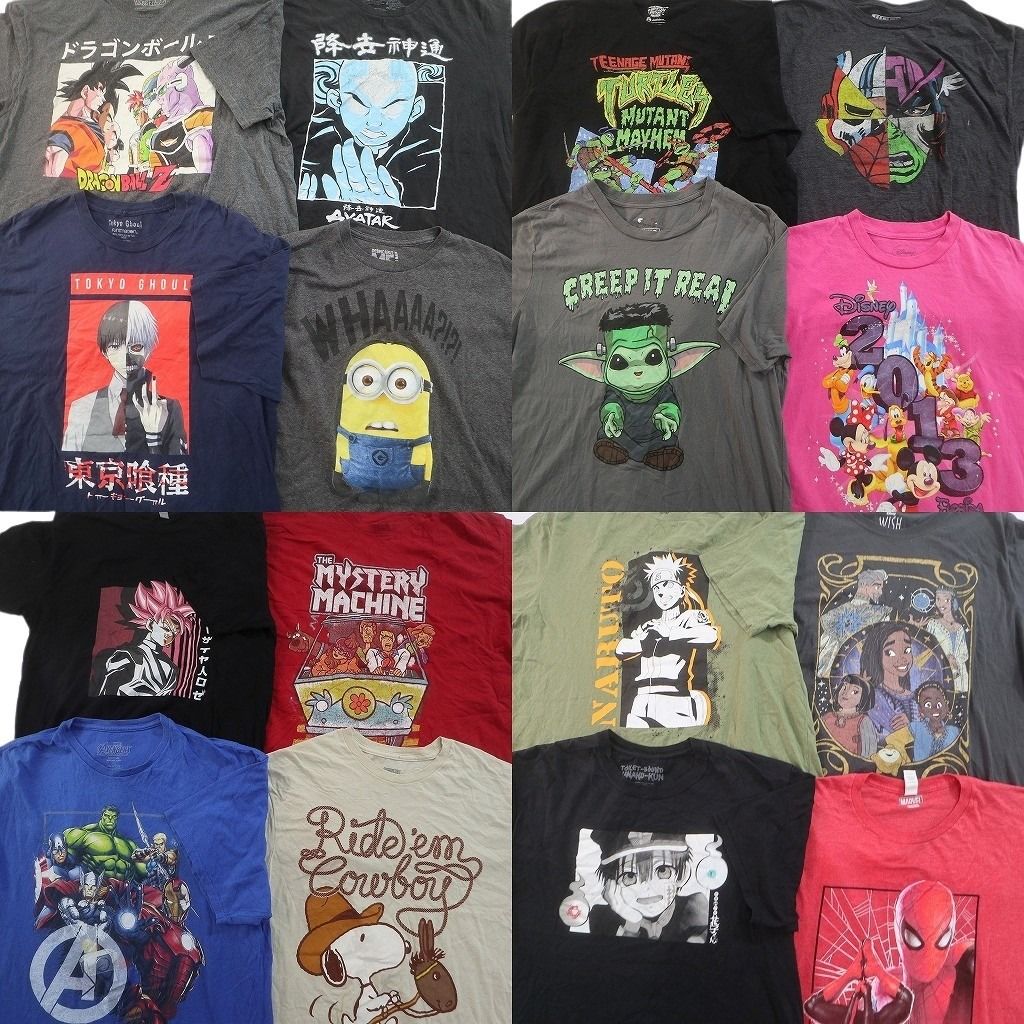 古着卸 まとめ売り キャラクター Tシャツ 16枚セット ( メンズ XL ) ドラゴンボール ミニオンズ スパイダーマン 東京喰種 中古 古着 NG3808