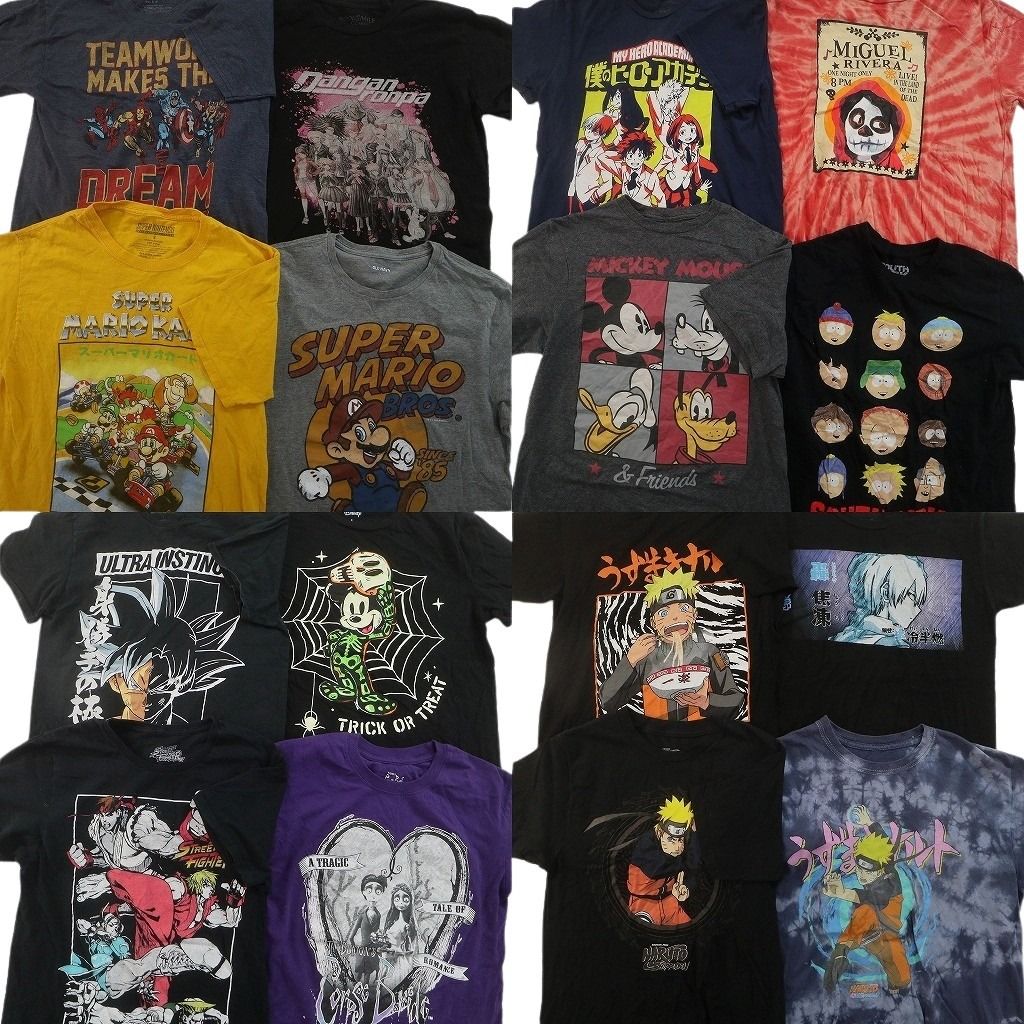 古着卸 まとめ売り キャラクター Tシャツ 16枚セット ( メンズ S ) マリオカート NARUTO ドラゴンボール ストリートファイター 古着 NG3819